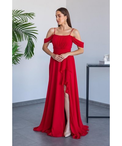 Cold Shoulder Bridesmaid Dresses 2024 for Wedding Long Chiffon Ruffle Formal Evening Dress with Slit Desert Rose $26.95 Dresses