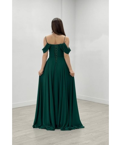 Cold Shoulder Bridesmaid Dresses 2024 for Wedding Long Chiffon Ruffle Formal Evening Dress with Slit Desert Rose $26.95 Dresses