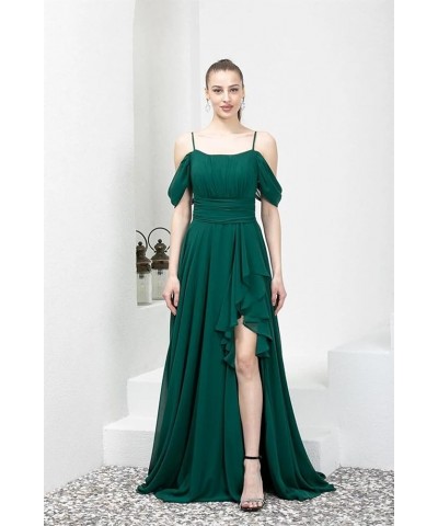 Cold Shoulder Bridesmaid Dresses 2024 for Wedding Long Chiffon Ruffle Formal Evening Dress with Slit Desert Rose $26.95 Dresses