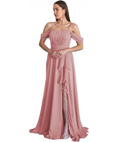 Cold Shoulder Bridesmaid Dresses 2024 for Wedding Long Chiffon Ruffle Formal Evening Dress with Slit Desert Rose $26.95 Dresses