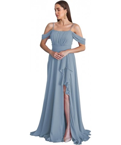 Cold Shoulder Bridesmaid Dresses 2024 for Wedding Long Chiffon Ruffle Formal Evening Dress with Slit Desert Rose $26.95 Dresses