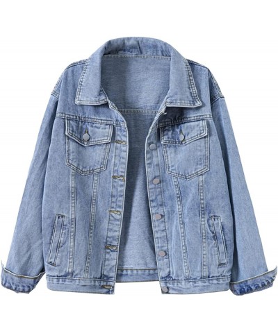 Women's Basic Solid Color Button Down Denim Cotton Jacket With Pockets Denim Blue $13.60 Jackets