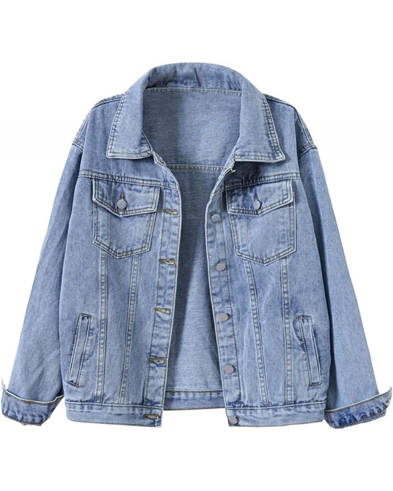 Women's Basic Solid Color Button Down Denim Cotton Jacket With Pockets Denim Blue $13.60 Jackets