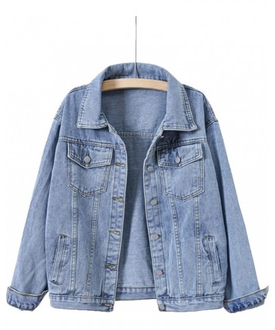 Women's Basic Solid Color Button Down Denim Cotton Jacket With Pockets Denim Blue $13.60 Jackets