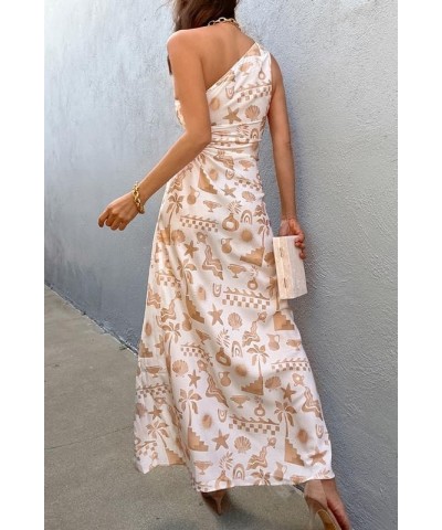 One Shoulder Maxi Dress for Women Sexy Sleeveless Cutout Bodycon Long Dress High Slit Ruched Party Sundress High Split Aprico...