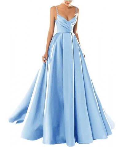 Women's Satin Spaghetti Straps Backless Ruched A Line Maxi Dresses Cocktail Elegant Dresses for Evening Party Light Blue $38....