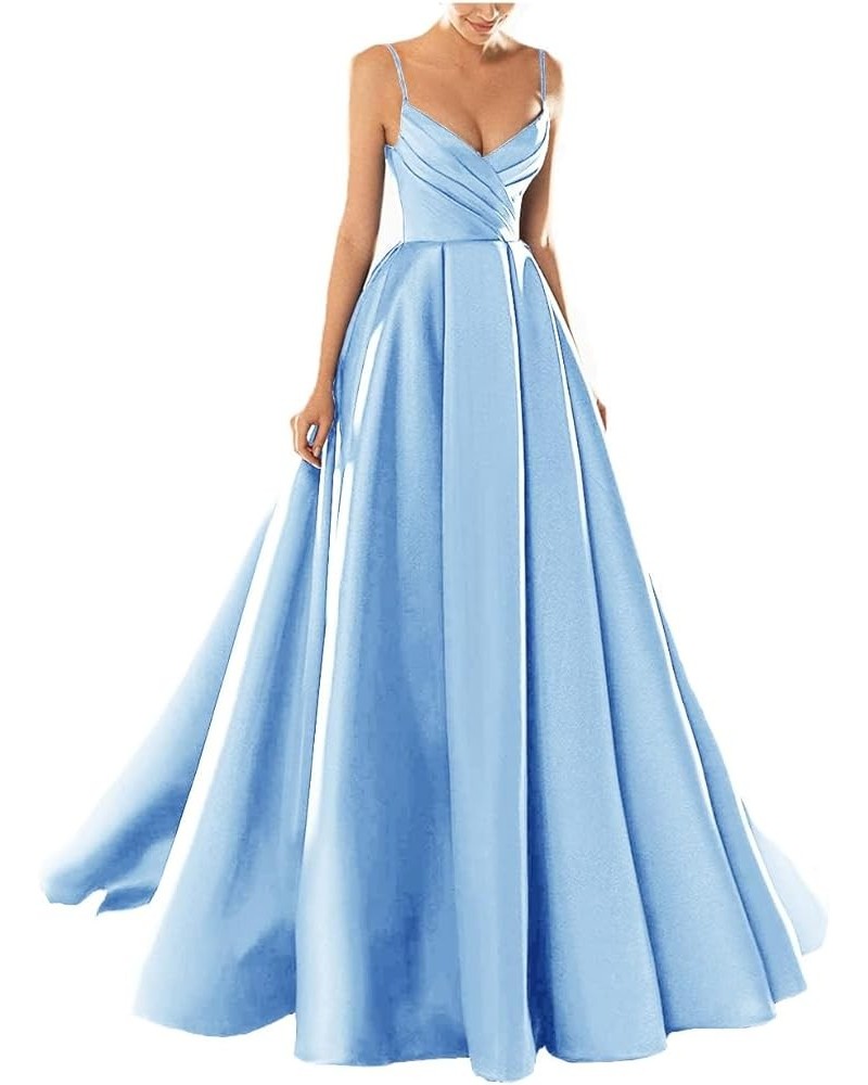 Women's Satin Spaghetti Straps Backless Ruched A Line Maxi Dresses Cocktail Elegant Dresses for Evening Party Light Blue $38....