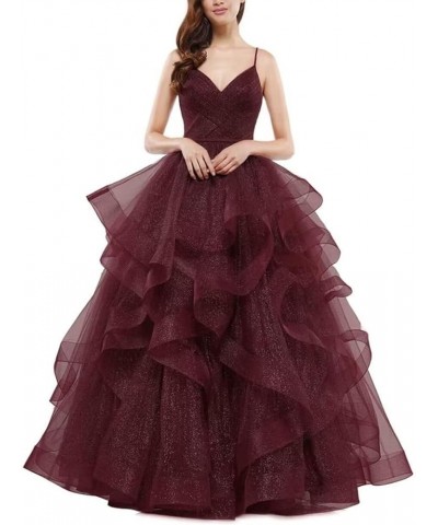 V Neck Tulle Prom Dresses Long Spaghetti Straps Ball Gown Tiered Glitter Formal Evening Dress Burgundy $37.26 Dresses