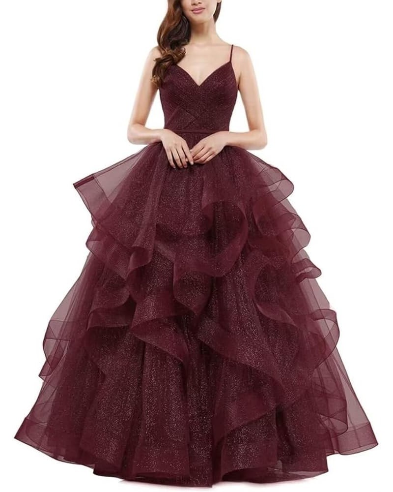 V Neck Tulle Prom Dresses Long Spaghetti Straps Ball Gown Tiered Glitter Formal Evening Dress Burgundy $37.26 Dresses