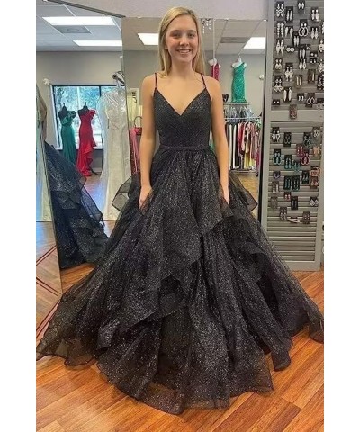 V Neck Tulle Prom Dresses Long Spaghetti Straps Ball Gown Tiered Glitter Formal Evening Dress Burgundy $37.26 Dresses