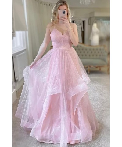 V Neck Tulle Prom Dresses Long Spaghetti Straps Ball Gown Tiered Glitter Formal Evening Dress Burgundy $37.26 Dresses