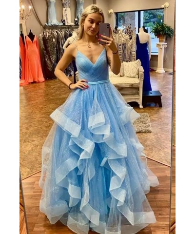 V Neck Tulle Prom Dresses Long Spaghetti Straps Ball Gown Tiered Glitter Formal Evening Dress Burgundy $37.26 Dresses