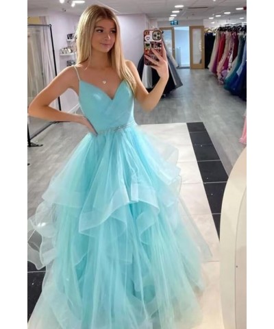 V Neck Tulle Prom Dresses Long Spaghetti Straps Ball Gown Tiered Glitter Formal Evening Dress Burgundy $37.26 Dresses