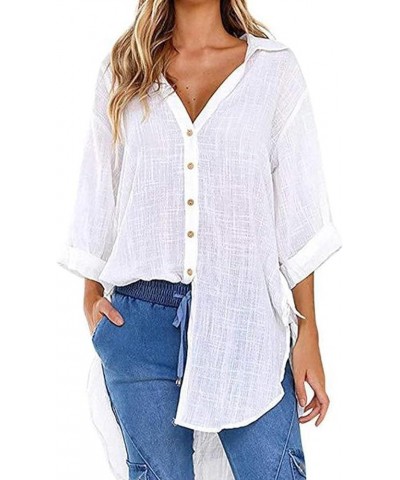 Womens Casual Cotton Linen Shirts Plus Size Baggy High Low Blouse Mid-Long Shirts Oversized V Neck Work Plain Tops … White $1...