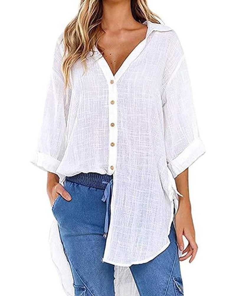 Womens Casual Cotton Linen Shirts Plus Size Baggy High Low Blouse Mid-Long Shirts Oversized V Neck Work Plain Tops … White $1...