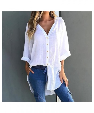 Womens Casual Cotton Linen Shirts Plus Size Baggy High Low Blouse Mid-Long Shirts Oversized V Neck Work Plain Tops … White $1...