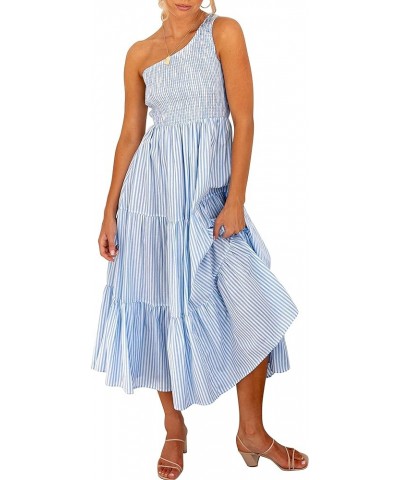 Women's 2024 Spring Bohemian One Shoulder Sleeveless Smocked Ruffle Tiered Beach Maxi Sun Dress Stripe Blue $18.90 Dresses