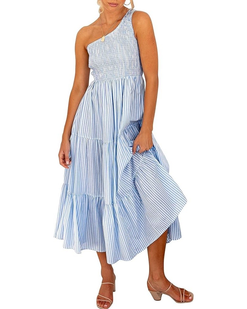 Women's 2024 Spring Bohemian One Shoulder Sleeveless Smocked Ruffle Tiered Beach Maxi Sun Dress Stripe Blue $18.90 Dresses