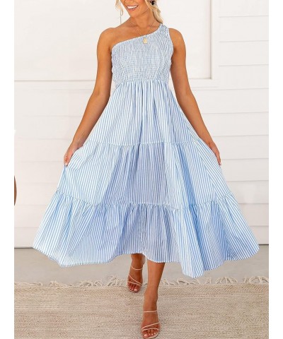 Women's 2024 Spring Bohemian One Shoulder Sleeveless Smocked Ruffle Tiered Beach Maxi Sun Dress Stripe Blue $18.90 Dresses