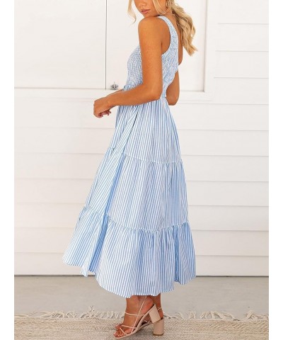 Women's 2024 Spring Bohemian One Shoulder Sleeveless Smocked Ruffle Tiered Beach Maxi Sun Dress Stripe Blue $18.90 Dresses