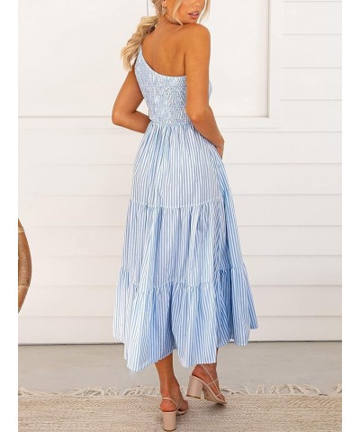 Women's 2024 Spring Bohemian One Shoulder Sleeveless Smocked Ruffle Tiered Beach Maxi Sun Dress Stripe Blue $18.90 Dresses