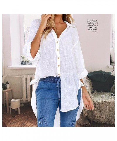 Womens Casual Cotton Linen Shirts Plus Size Baggy High Low Blouse Mid-Long Shirts Oversized V Neck Work Plain Tops … White $1...