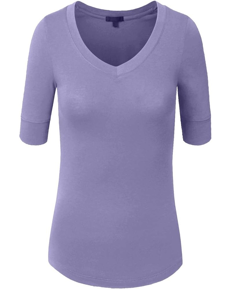 Womens Lightweight Comfy Elbow Sleeve V Neck T Shirt S-3XL Lavender $9.56 T-Shirts