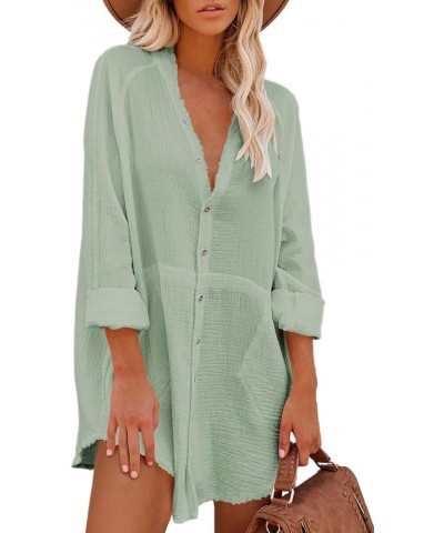 Women's Long Sleeve V Neck Blouse Loose Button Down Shirt Mini Dress Casual Tunic Tops Blue-green $20.90 Tops