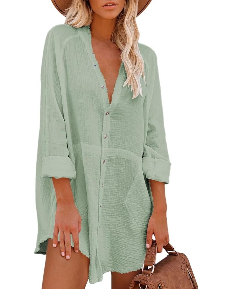 Women's Long Sleeve V Neck Blouse Loose Button Down Shirt Mini Dress Casual Tunic Tops Blue-green $20.90 Tops