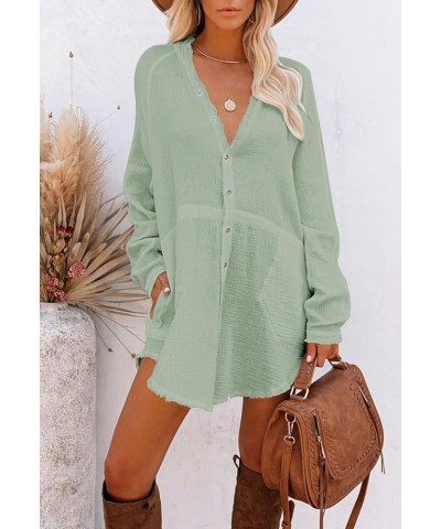 Women's Long Sleeve V Neck Blouse Loose Button Down Shirt Mini Dress Casual Tunic Tops Blue-green $20.90 Tops