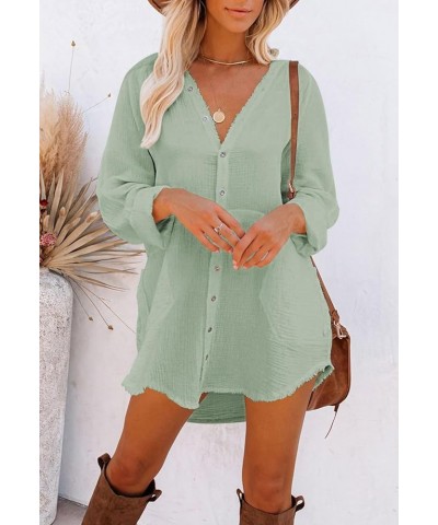 Women's Long Sleeve V Neck Blouse Loose Button Down Shirt Mini Dress Casual Tunic Tops Blue-green $20.90 Tops