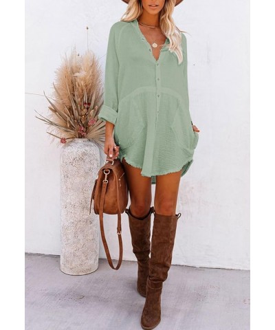 Women's Long Sleeve V Neck Blouse Loose Button Down Shirt Mini Dress Casual Tunic Tops Blue-green $20.90 Tops