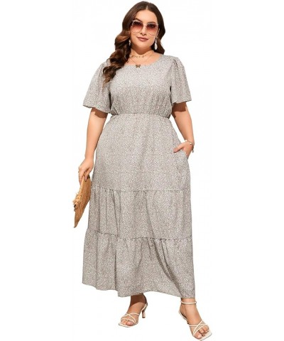 Womens Plus Size Round Neck Short Flutter Sleeve Empire Waist Pleated Hem Boho Maxi Dress with Pockets Light Green Pink-1 $20...