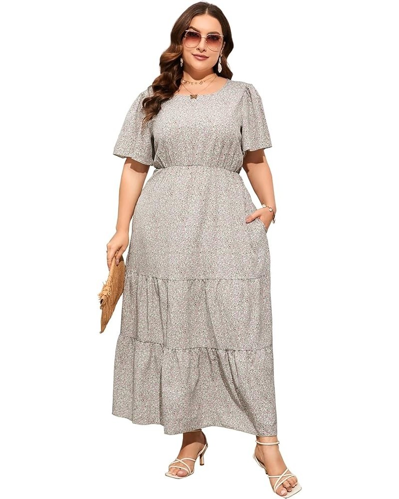 Womens Plus Size Round Neck Short Flutter Sleeve Empire Waist Pleated Hem Boho Maxi Dress with Pockets Light Green Pink-1 $20...