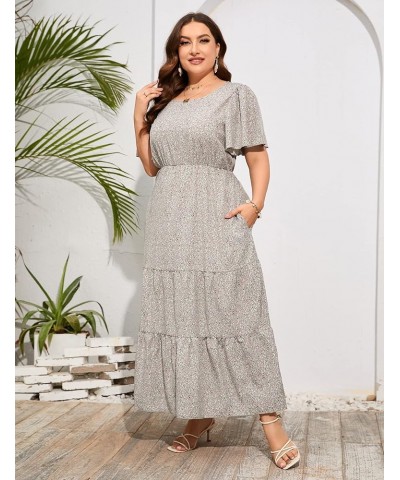 Womens Plus Size Round Neck Short Flutter Sleeve Empire Waist Pleated Hem Boho Maxi Dress with Pockets Light Green Pink-1 $20...