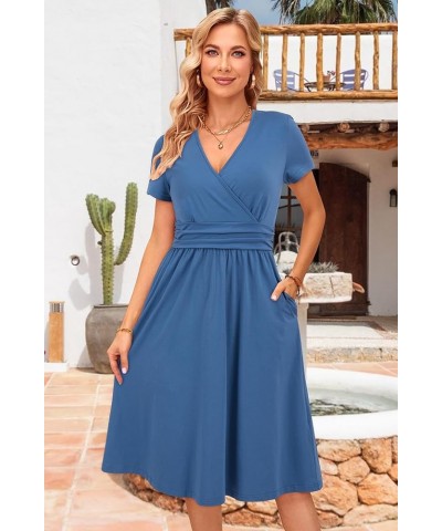 Women's Summer Short Sleeve V-Neck Floral Short Party Dress with Pockets Short Sleeve Gray Blue $12.60 Dresses