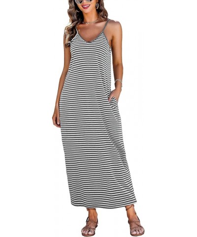 Womens Cotton Long Nightgowns Spaghetti Strap V Neck Full Slip Sleep Shirts with Pockets Striped Grey $11.75 Sleep & Lounge