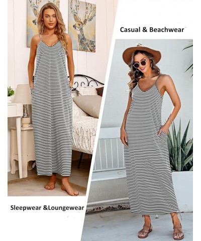 Womens Cotton Long Nightgowns Spaghetti Strap V Neck Full Slip Sleep Shirts with Pockets Striped Grey $11.75 Sleep & Lounge