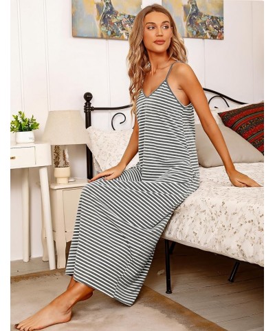 Womens Cotton Long Nightgowns Spaghetti Strap V Neck Full Slip Sleep Shirts with Pockets Striped Grey $11.75 Sleep & Lounge