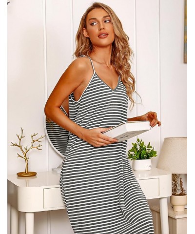 Womens Cotton Long Nightgowns Spaghetti Strap V Neck Full Slip Sleep Shirts with Pockets Striped Grey $11.75 Sleep & Lounge