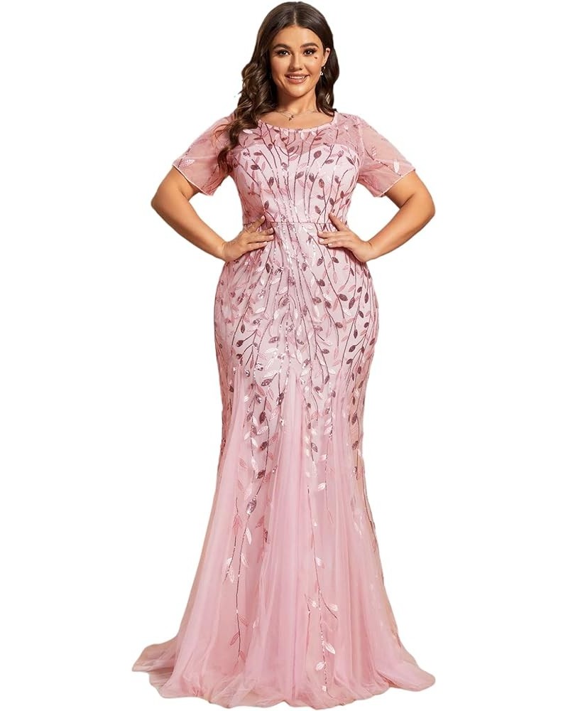 Women's Plus Size Sequin Short Sleeves Embroidery Mermaid Maxi Evening Dress 07707-PZUSA Pink $36.89 Dresses