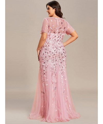 Women's Plus Size Sequin Short Sleeves Embroidery Mermaid Maxi Evening Dress 07707-PZUSA Pink $36.89 Dresses