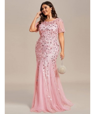 Women's Plus Size Sequin Short Sleeves Embroidery Mermaid Maxi Evening Dress 07707-PZUSA Pink $36.89 Dresses