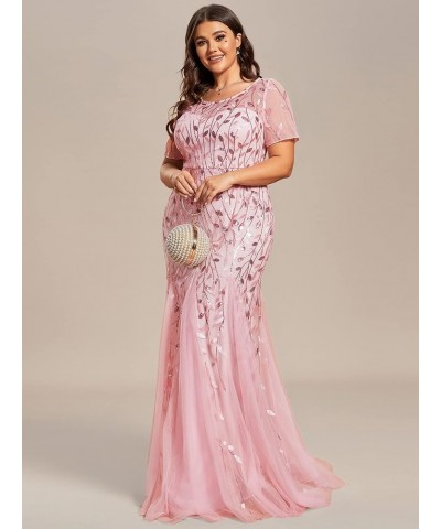 Women's Plus Size Sequin Short Sleeves Embroidery Mermaid Maxi Evening Dress 07707-PZUSA Pink $36.89 Dresses