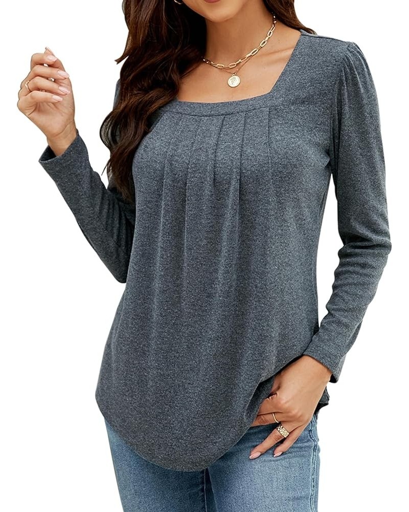 Long Sleeve Shirts for Women Pleated Square Neck Tops Dressy Lightweight Tunic Blouse Fall Clothes 2023 Dark Grey $11.39 Tops