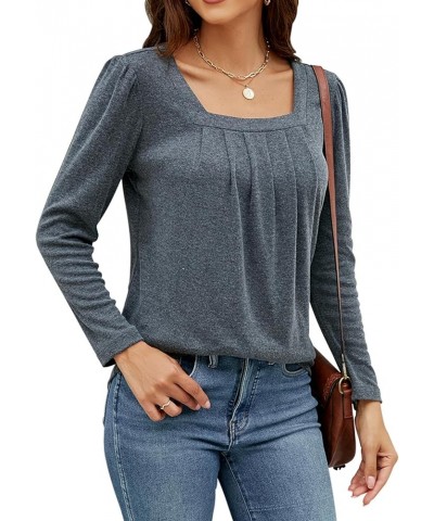 Long Sleeve Shirts for Women Pleated Square Neck Tops Dressy Lightweight Tunic Blouse Fall Clothes 2023 Dark Grey $11.39 Tops