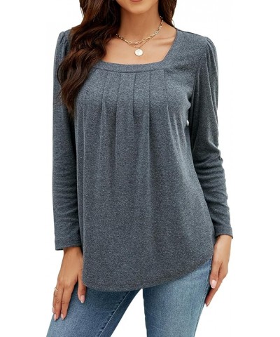 Long Sleeve Shirts for Women Pleated Square Neck Tops Dressy Lightweight Tunic Blouse Fall Clothes 2023 Dark Grey $11.39 Tops