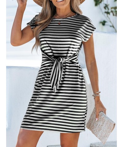 Women's Mini Dress for Round Neck Striped Knotted Belt Short Dress Short Dolman Sleeves Formal Dress Black $15.93 Dresses