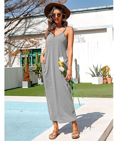 Womens Cotton Long Nightgowns Spaghetti Strap V Neck Full Slip Sleep Shirts with Pockets Striped Grey $11.75 Sleep & Lounge