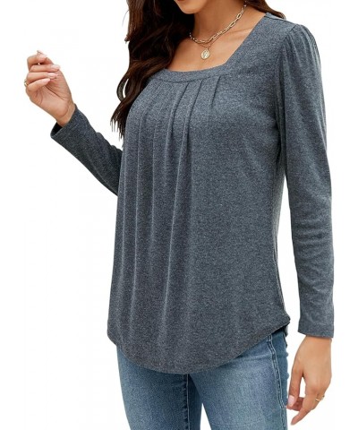 Long Sleeve Shirts for Women Pleated Square Neck Tops Dressy Lightweight Tunic Blouse Fall Clothes 2023 Dark Grey $11.39 Tops